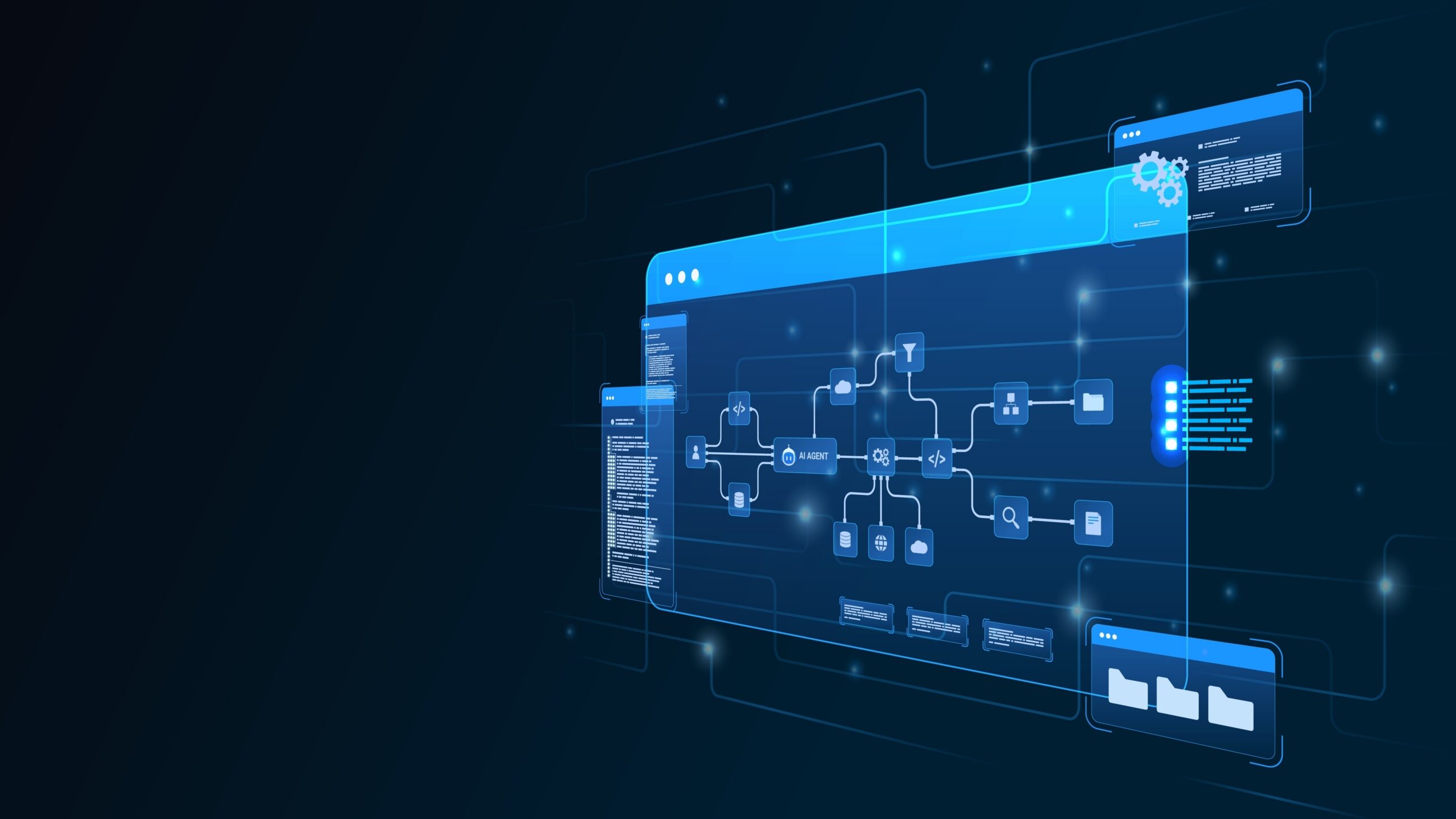 Illustration of an AI agent workflow with connected tasks, data, and automation panels